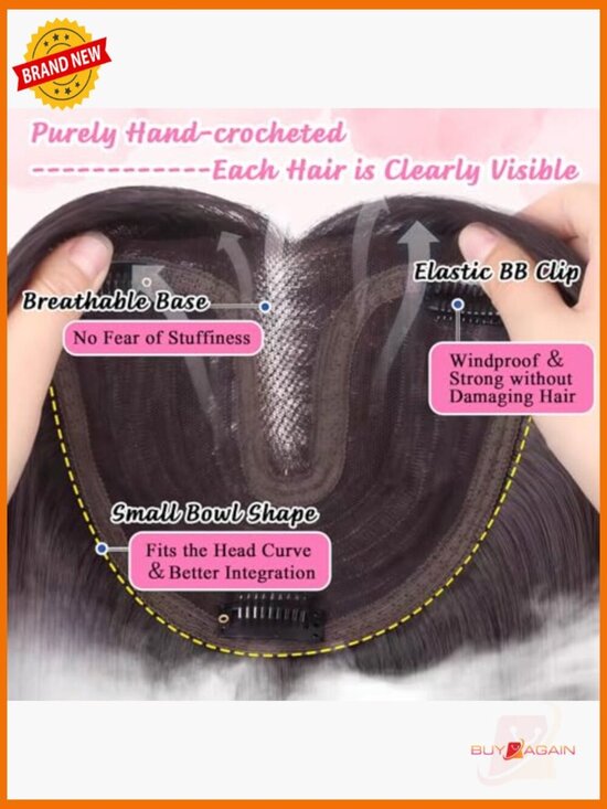 Hand Tied Breathable Hair Topper with Curtain Bangs, Clip In Lightweight Wiglet